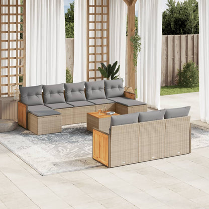 11-tlg. Garten-Sofagarnitur mit Kissen Beige Poly Rattan