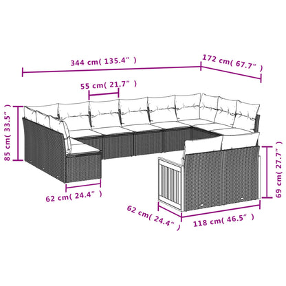 11-tlg. Garten-Sofagarnitur mit Kissen Schwarz Poly Rattan