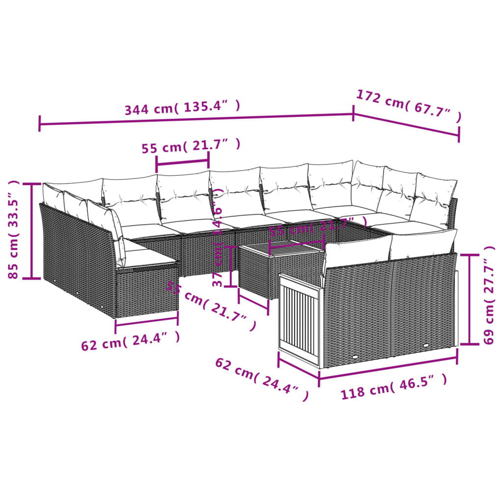 12-tlg. Garten-Sofagarnitur mit Kissen Schwarz Poly Rattan