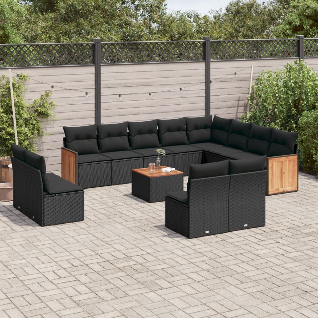 13-tlg. Garten-Sofagarnitur mit Kissen Schwarz Poly Rattan