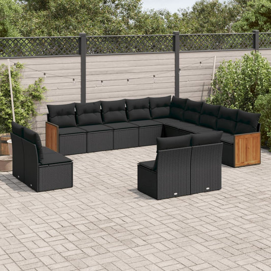 13-tlg. Garten-Sofagarnitur mit Kissen Schwarz Poly Rattan