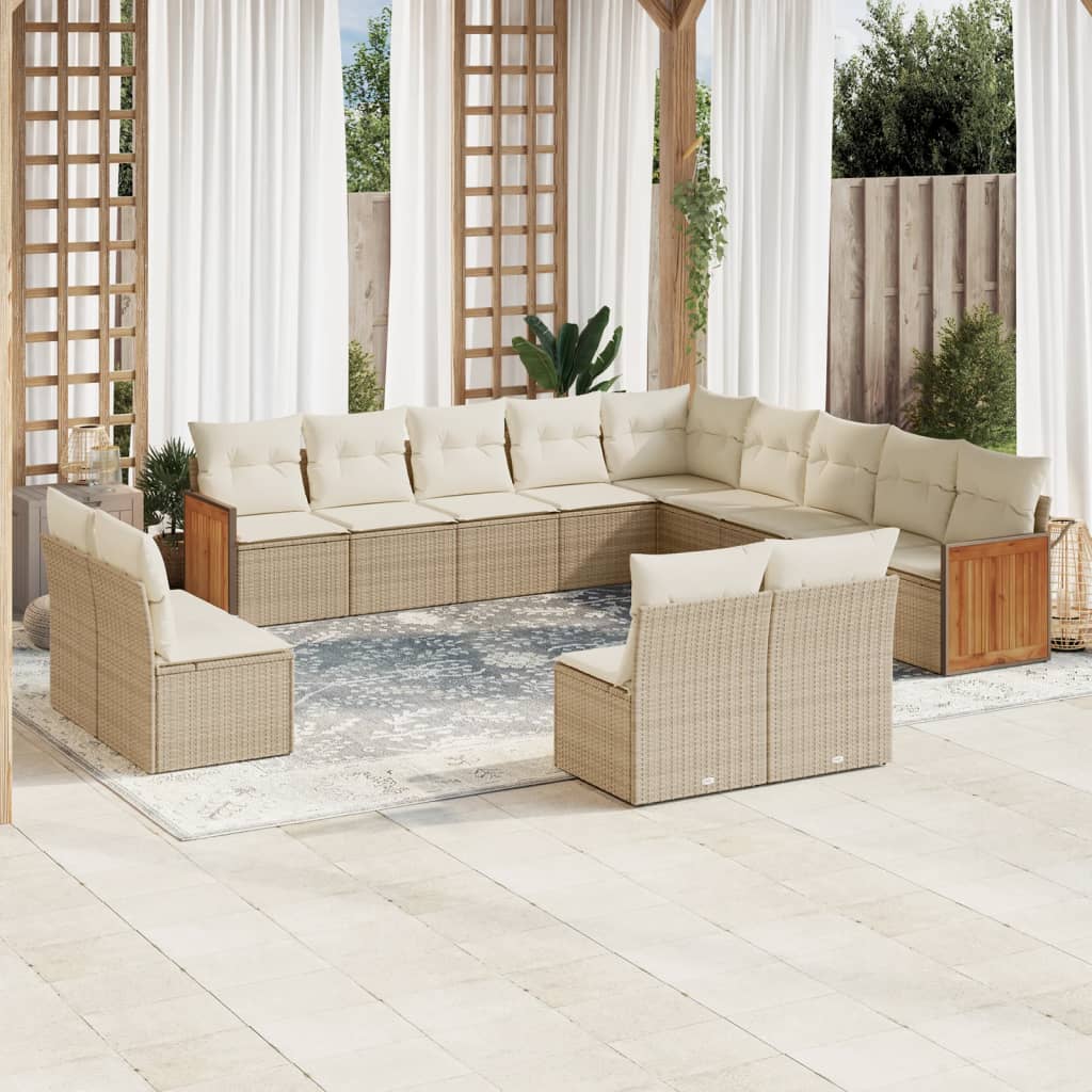 13-tlg. Garten-Sofagarnitur mit Kissen Beige Poly Rattan