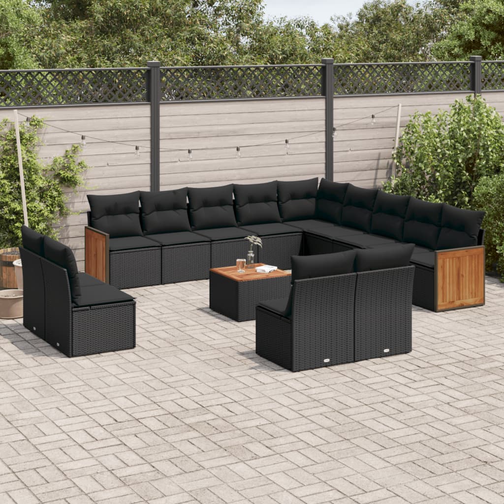 14-tlg. Garten-Sofagarnitur mit Kissen Schwarz Poly Rattan