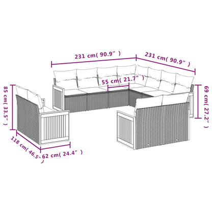 11-tlg. Garten-Sofagarnitur mit Kissen Beige Poly Rattan