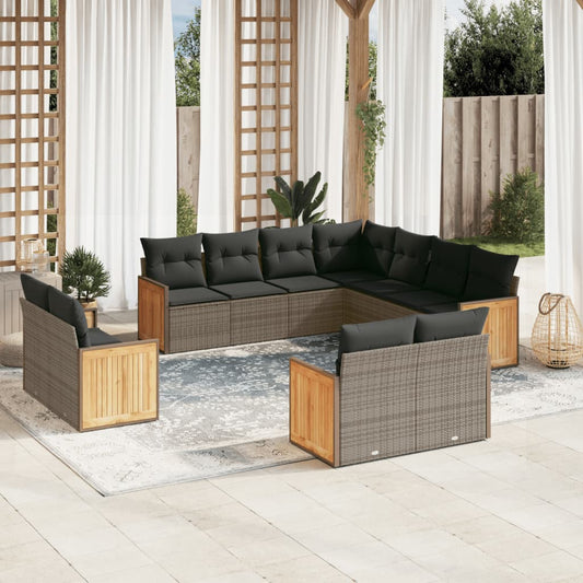 11-tlg. Garten-Sofagarnitur mit Kissen Grau Poly Rattan