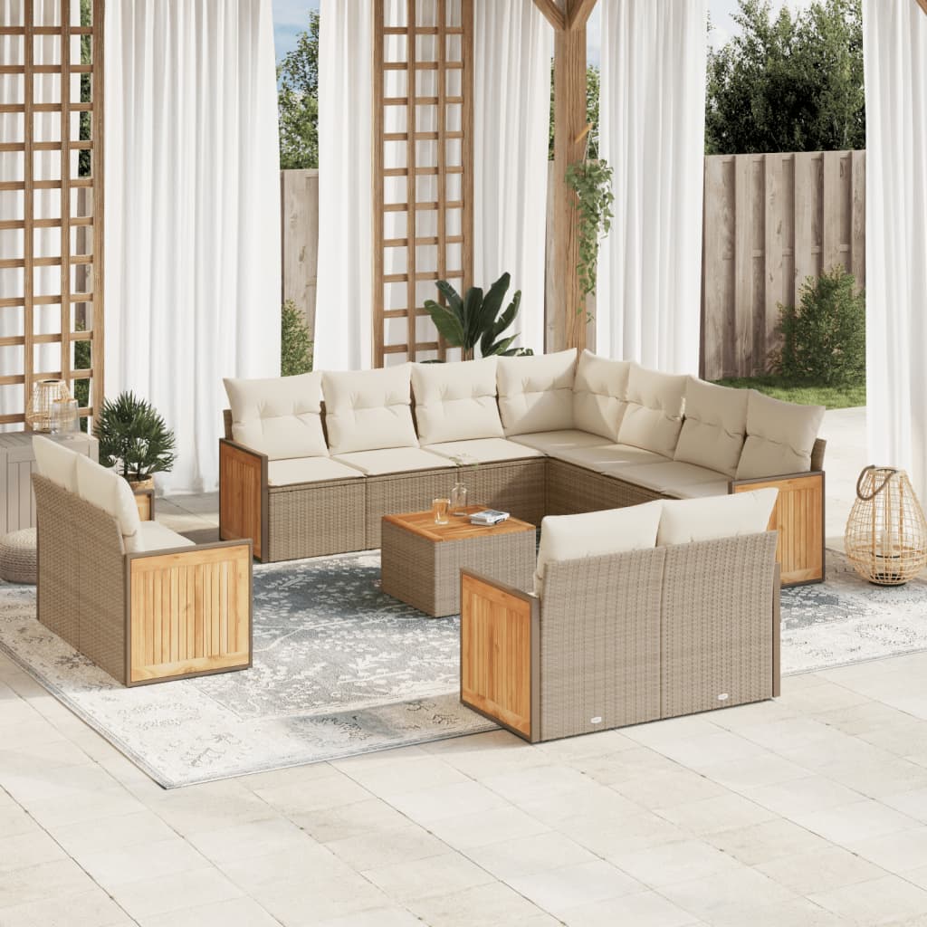 12-tlg. Garten-Sofagarnitur mit Kissen Beige Poly Rattan