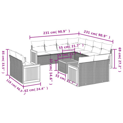 12-tlg. Garten-Sofagarnitur mit Kissen Beige Poly Rattan