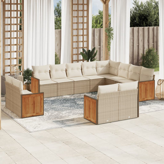 12-tlg. Garten-Sofagarnitur mit Kissen Beige Poly Rattan