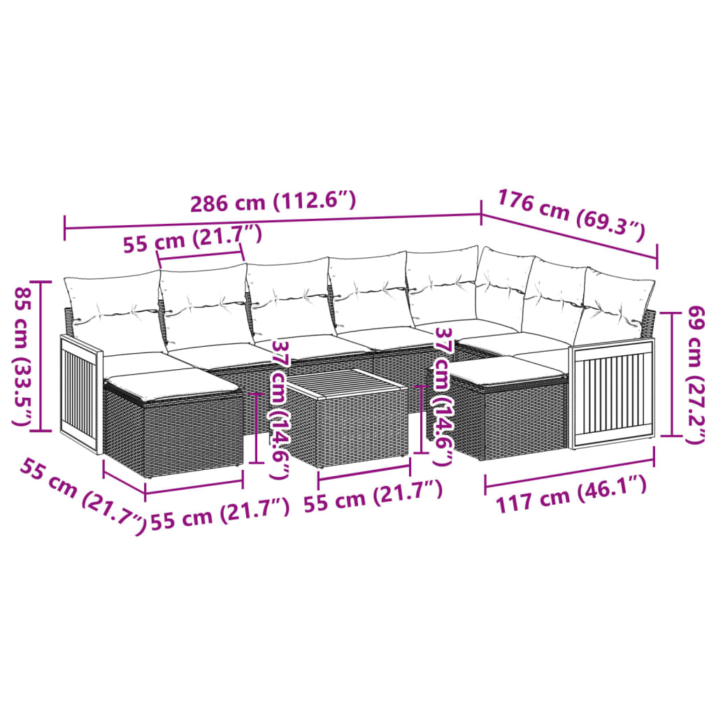 10-tlg. Garten-Sofagarnitur mit Kissen Schwarz Poly Rattan