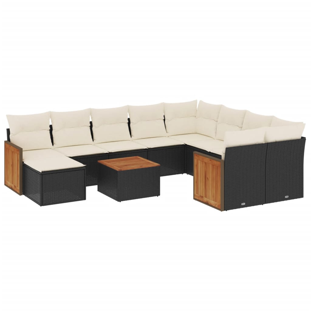 11-tlg. Garten-Sofagarnitur mit Kissen Schwarz Poly Rattan