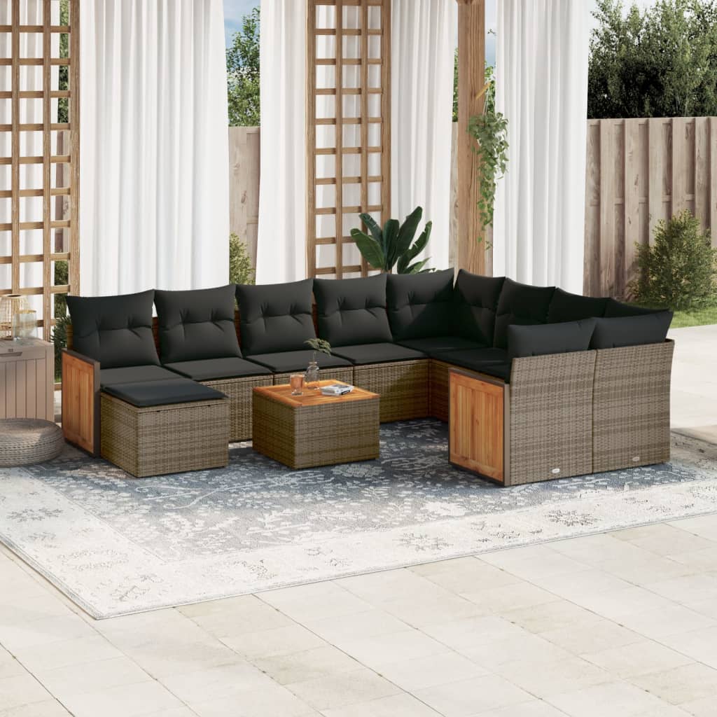 11-tlg. Garten-Sofagarnitur mit Kissen Grau Poly Rattan