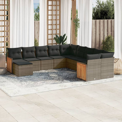 11-tlg. Garten-Sofagarnitur mit Kissen Grau Poly Rattan