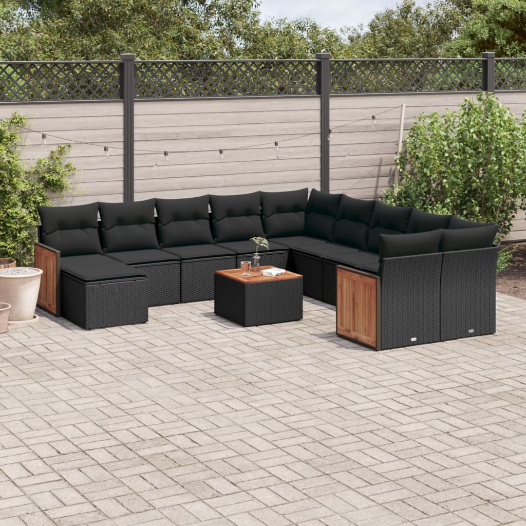 12-tlg. Garten-Sofagarnitur mit Kissen Schwarz Poly Rattan