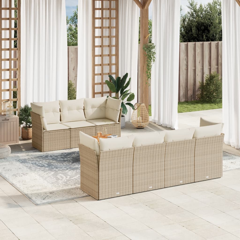 8-tlg. Garten-Sofagarnitur mit Kissen Beige Poly Rattan