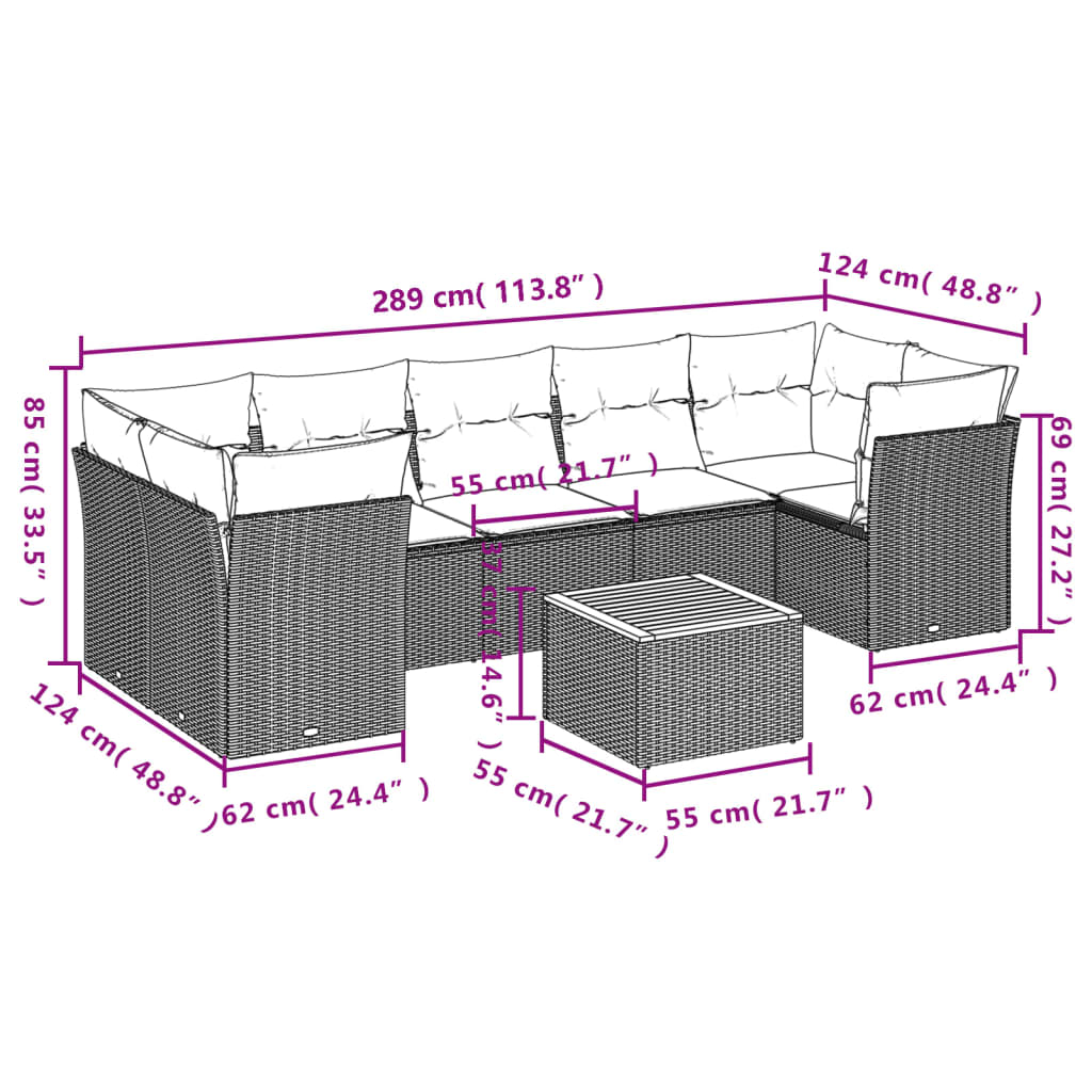 8-tlg. Garten-Sofagarnitur mit Kissen Beige Poly Rattan