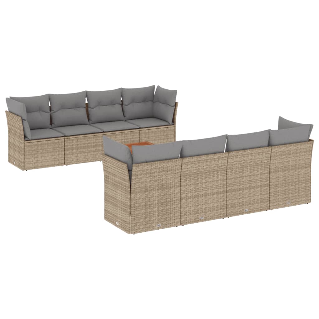 9-tlg. Garten-Sofagarnitur mit Kissen Beige Poly Rattan