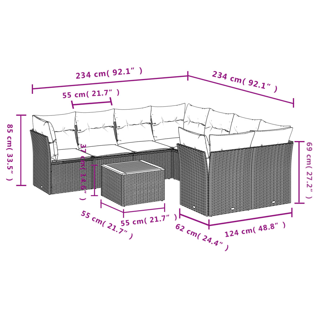 9-tlg. Garten-Sofagarnitur mit Kissen Beige Poly Rattan