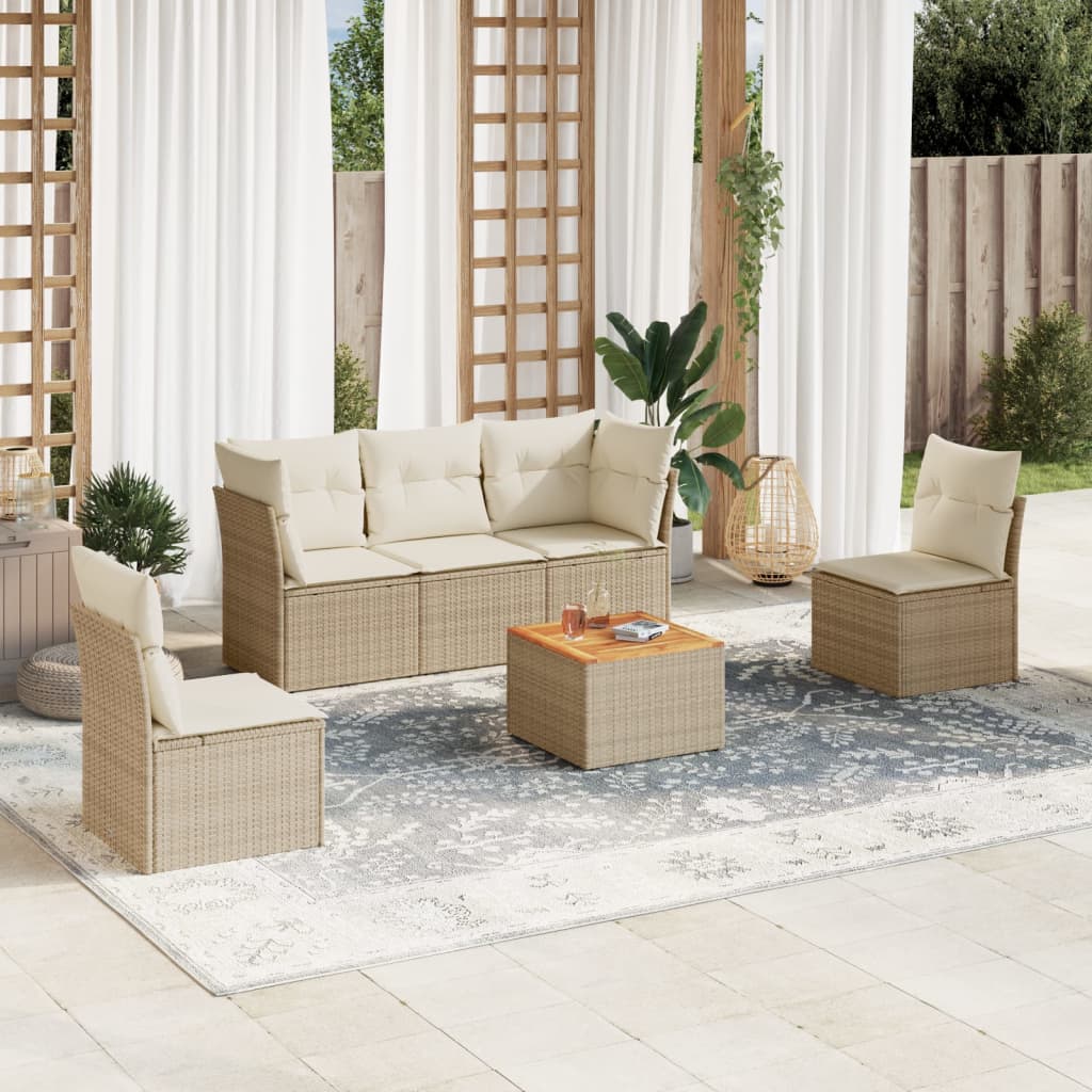 6-tlg. Garten-Sofagarnitur mit Kissen Beige Poly Rattan