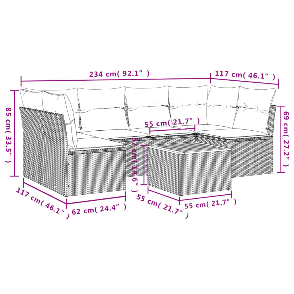 7-tlg. Garten-Sofagarnitur mit Kissen Beige Poly Rattan