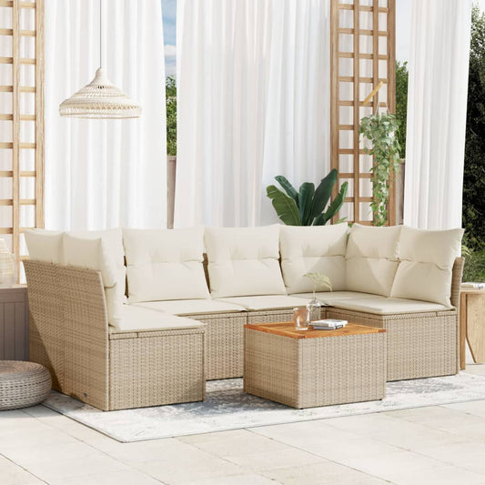 7-tlg. Garten-Sofagarnitur mit Kissen Beige Poly Rattan