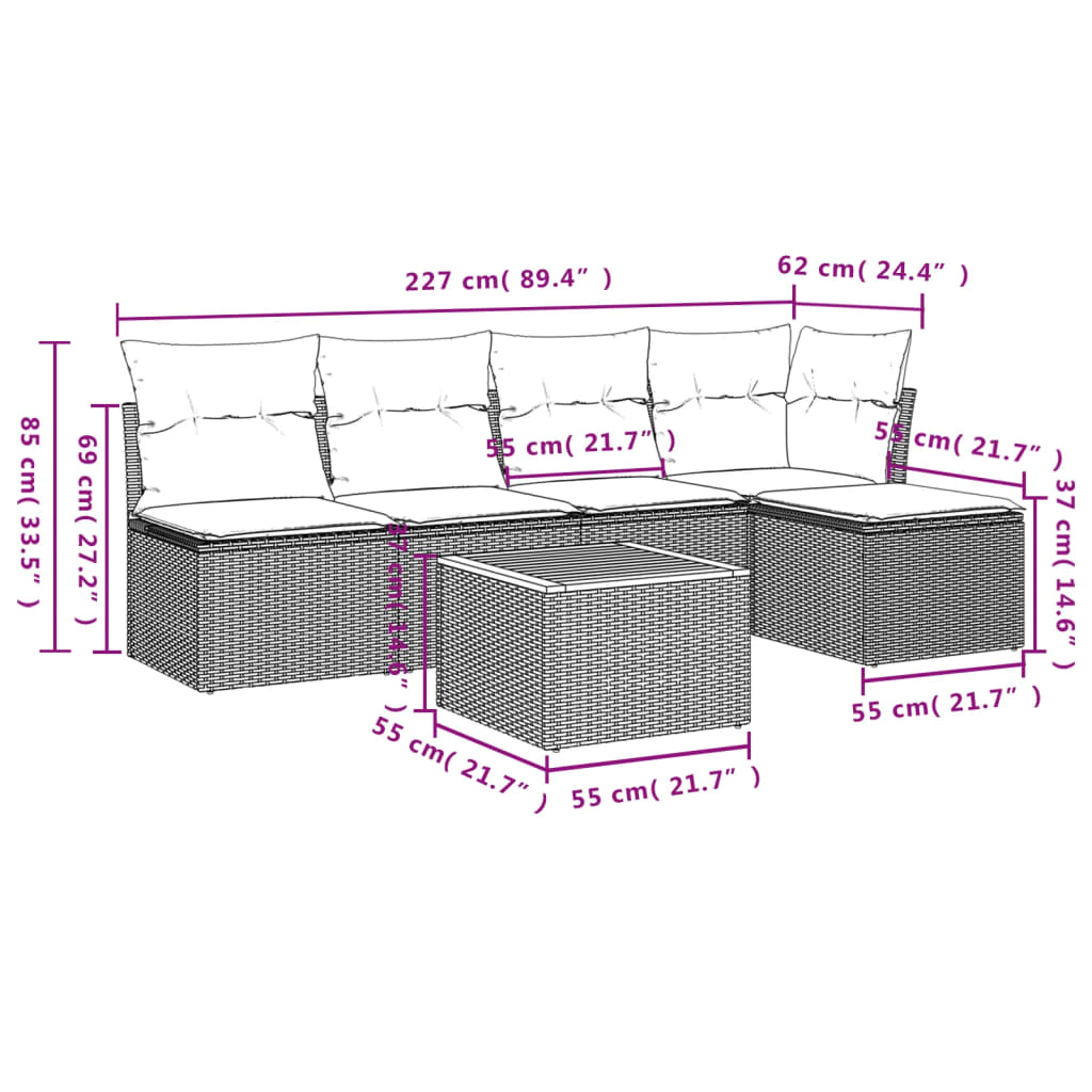 6-tlg. Garten-Sofagarnitur mit Kissen Beige Poly Rattan