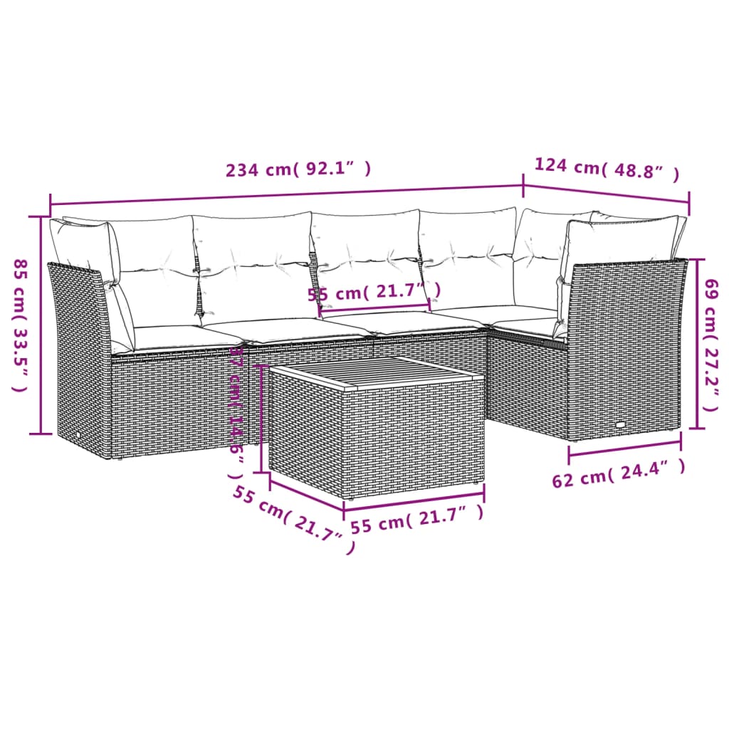 6-tlg. Garten-Sofagarnitur mit Kissen Beige Poly Rattan