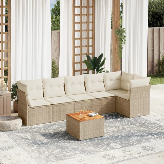 7-tlg. Garten-Sofagarnitur mit Kissen Beige Poly Rattan