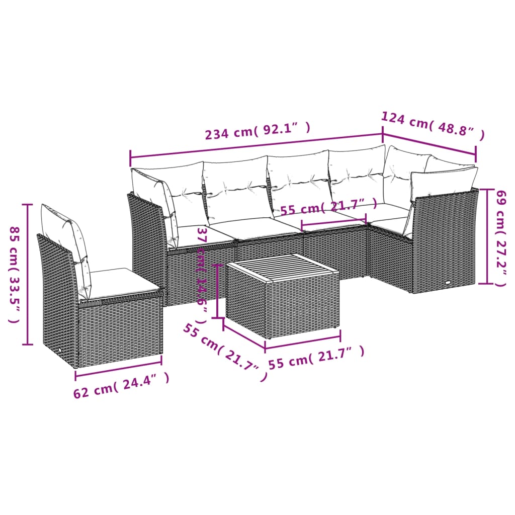 7-tlg. Garten-Sofagarnitur mit Kissen Beige Poly Rattan