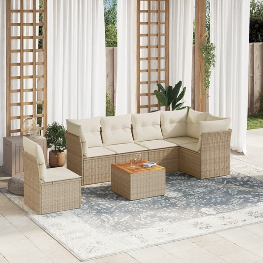 7-tlg. Garten-Sofagarnitur mit Kissen Beige Poly Rattan