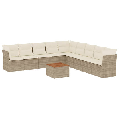 10-tlg. Garten-Sofagarnitur mit Kissen Beige Poly Rattan