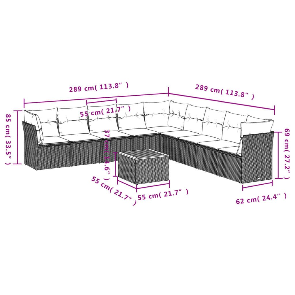 10-tlg. Garten-Sofagarnitur mit Kissen Grau Poly Rattan