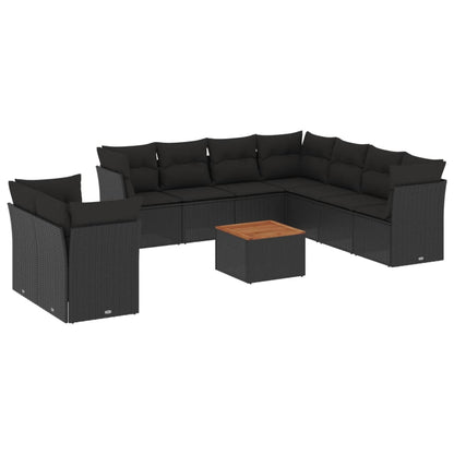 10-tlg. Garten-Sofagarnitur mit Kissen Schwarz Poly Rattan