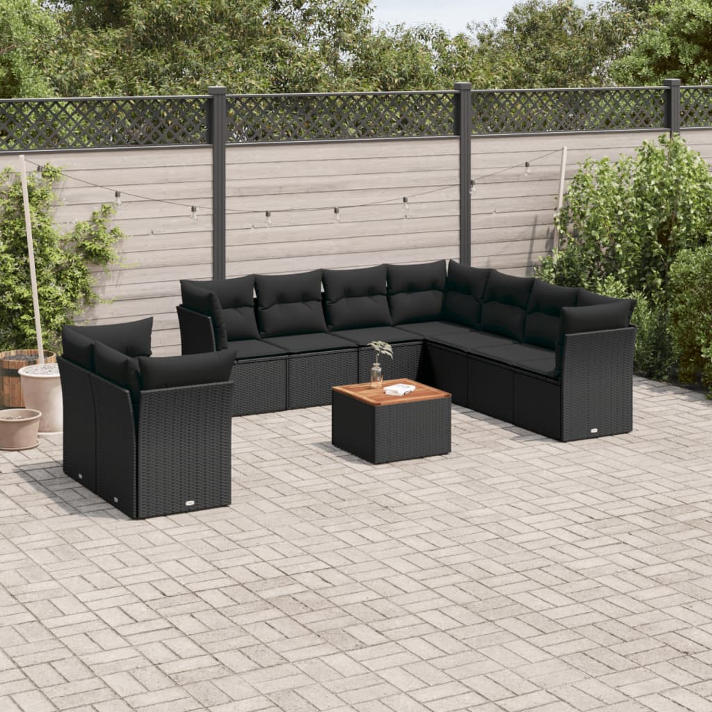 10-tlg. Garten-Sofagarnitur mit Kissen Schwarz Poly Rattan