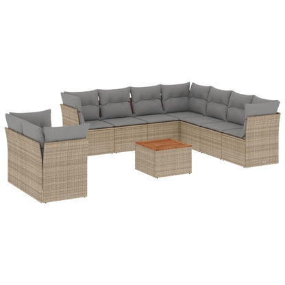 10-tlg. Garten-Sofagarnitur mit Kissen Beige Poly Rattan