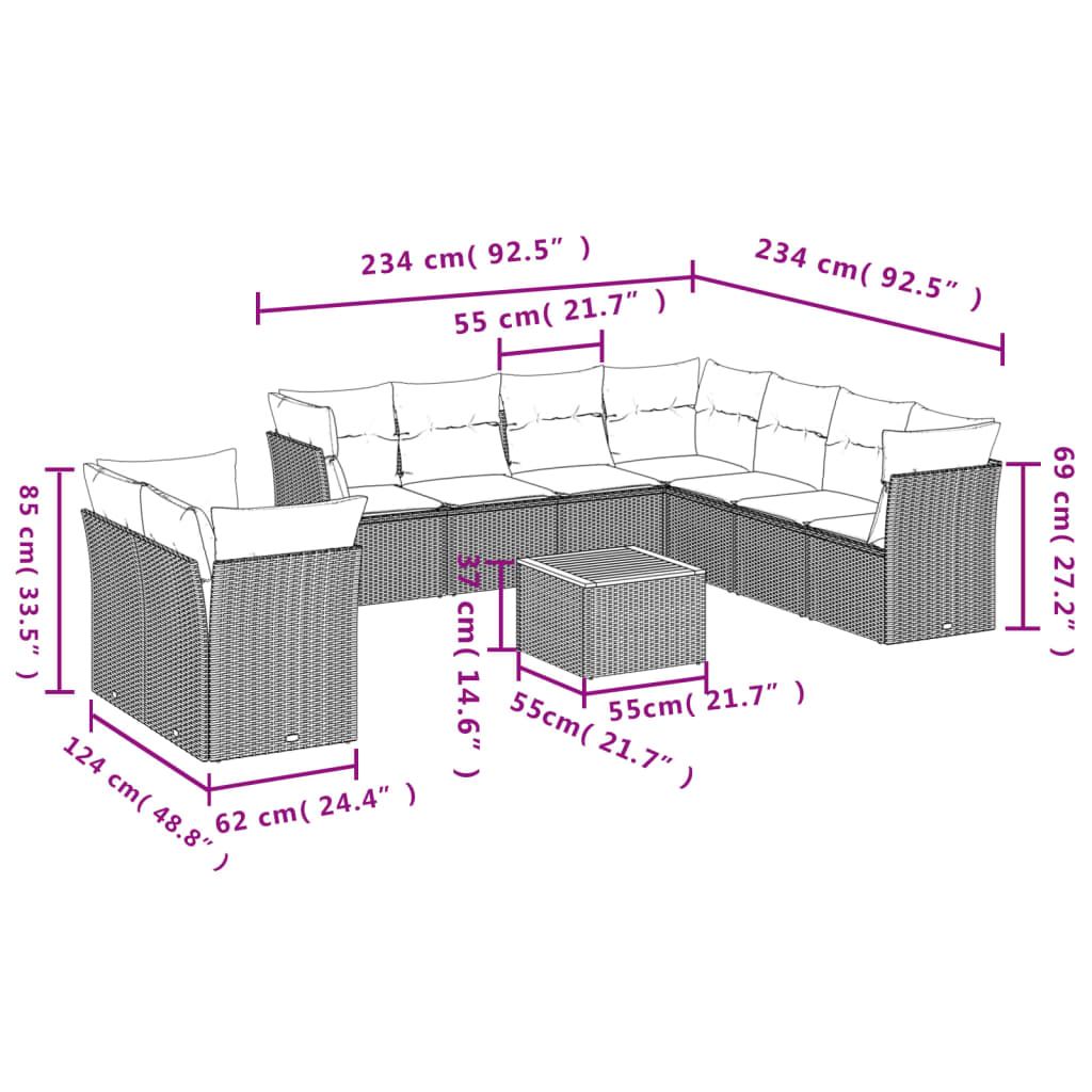 10-tlg. Garten-Sofagarnitur mit Kissen Grau Poly Rattan