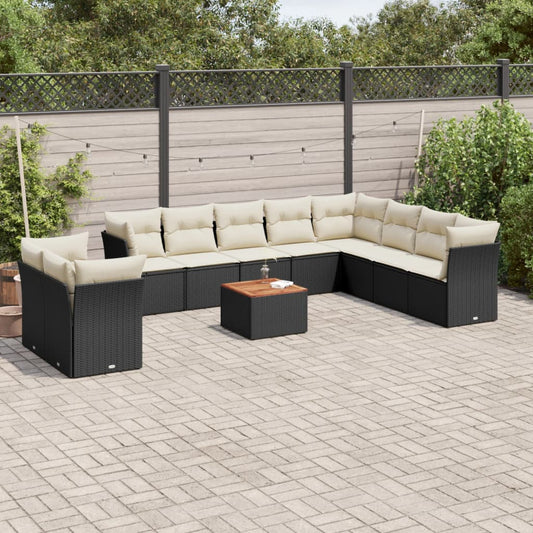 11-tlg. Garten-Sofagarnitur mit Kissen Schwarz Poly Rattan