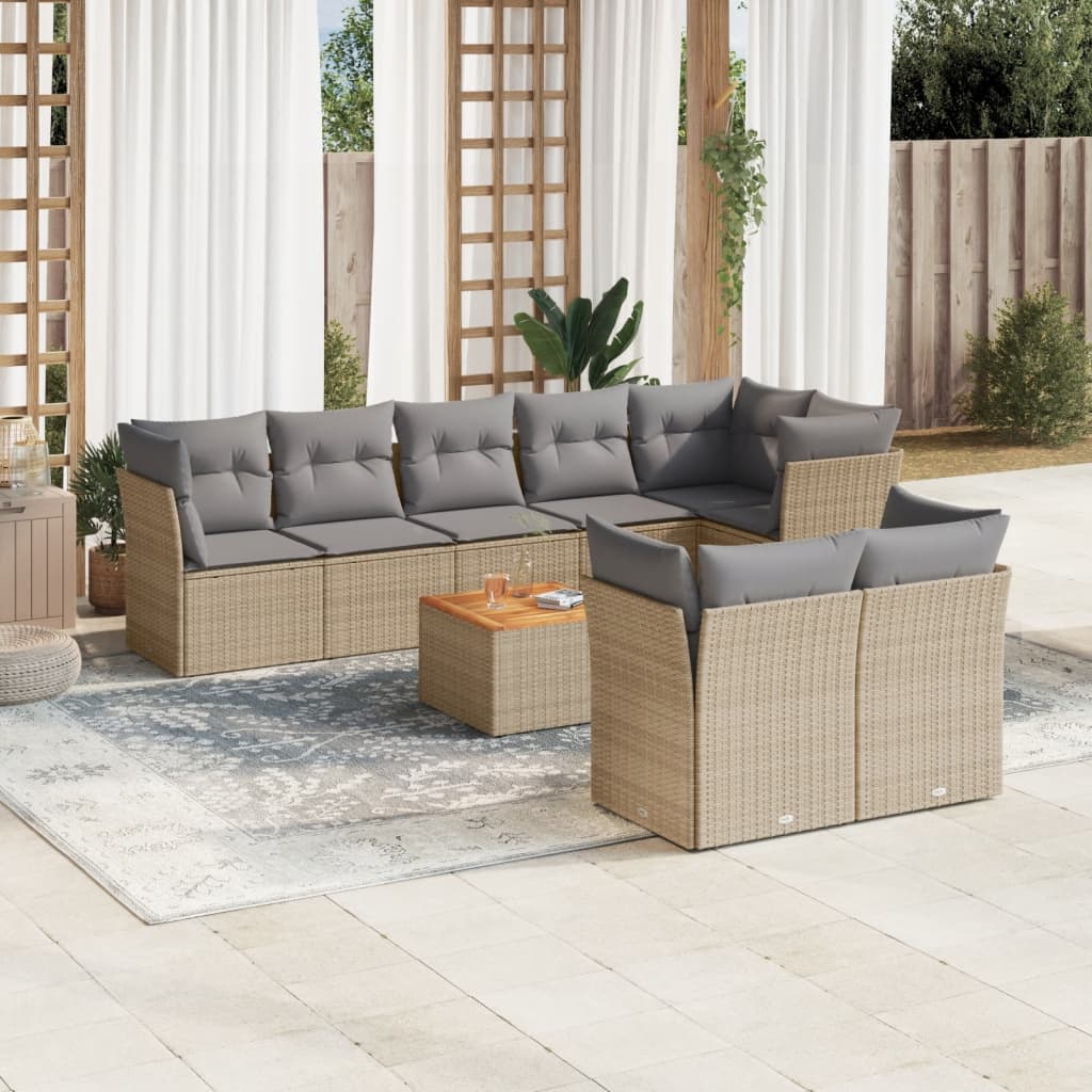 9-tlg. Garten-Sofagarnitur mit Kissen Beige Poly Rattan