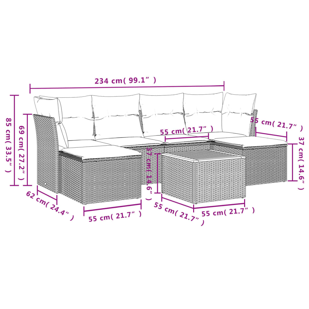 7-tlg. Garten-Sofagarnitur mit Kissen Schwarz Poly Rattan