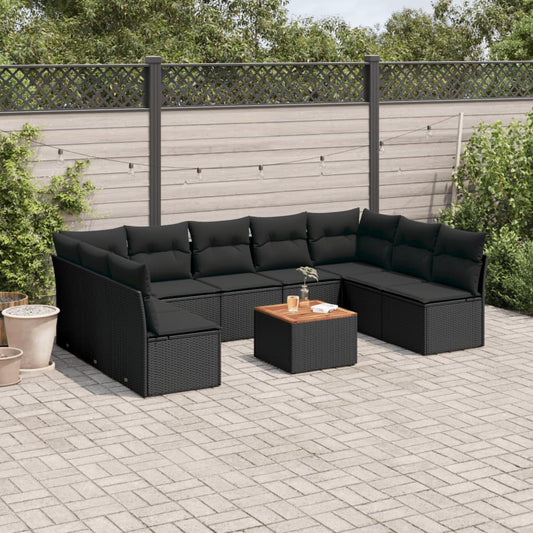 10-tlg. Garten-Sofagarnitur mit Kissen Schwarz Poly Rattan