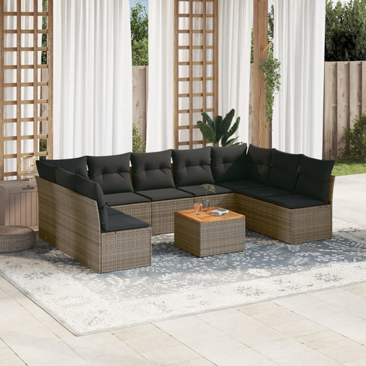 10-tlg. Garten-Sofagarnitur mit Kissen Grau Poly Rattan