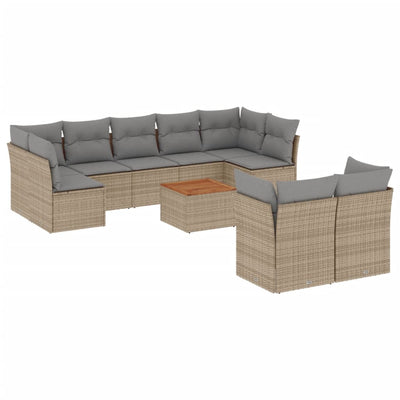 10-tlg. Garten-Sofagarnitur mit Kissen Beige Poly Rattan