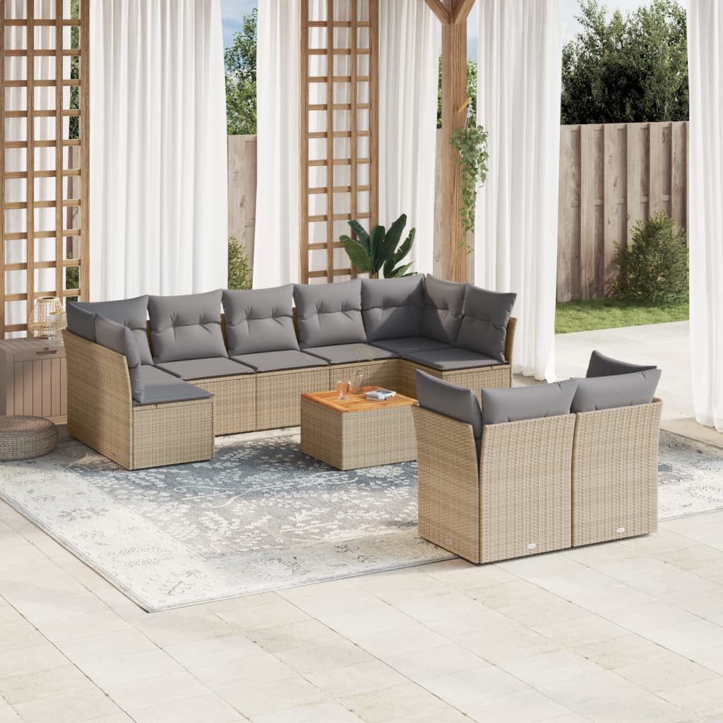 10-tlg. Garten-Sofagarnitur mit Kissen Beige Poly Rattan