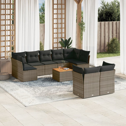 10-tlg. Garten-Sofagarnitur mit Kissen Grau Poly Rattan