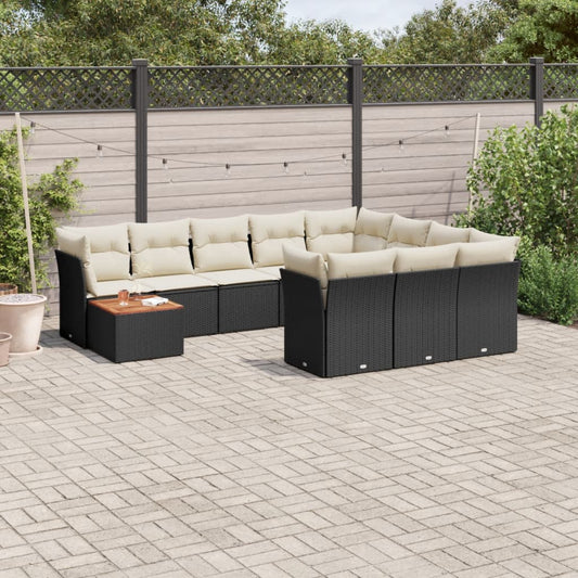 11-tlg. Garten-Sofagarnitur mit Kissen Schwarz Poly Rattan