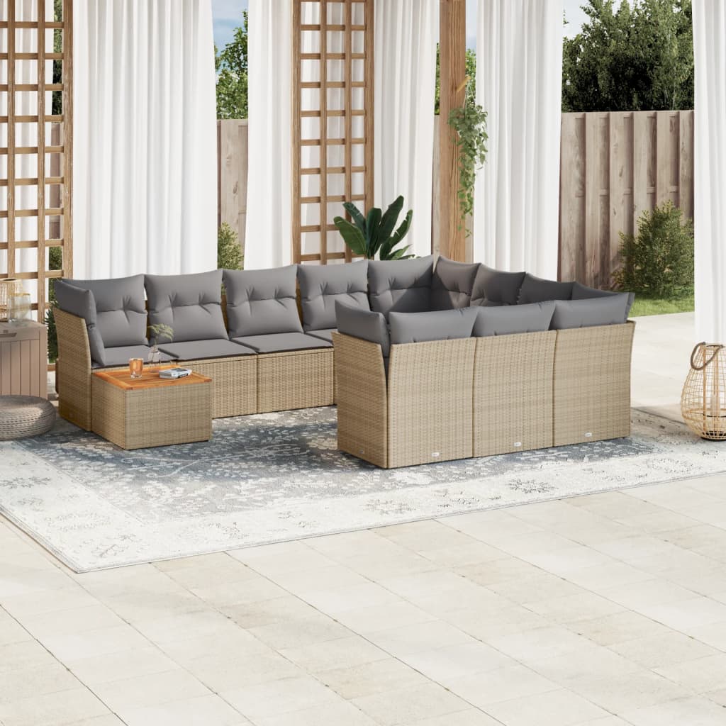 11-tlg. Garten-Sofagarnitur mit Kissen Beige Poly Rattan