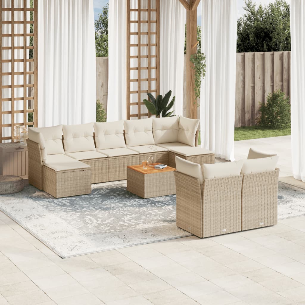 10-tlg. Garten-Sofagarnitur mit Kissen Beige Poly Rattan