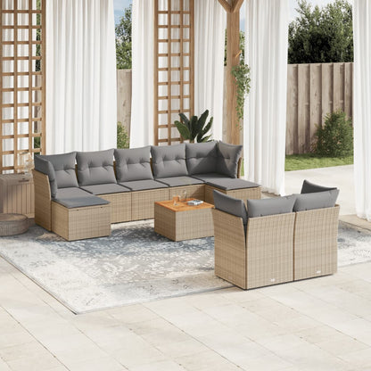 10-tlg. Garten-Sofagarnitur mit Kissen Beige Poly Rattan