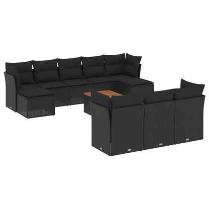 11-tlg. Garten-Sofagarnitur mit Kissen Schwarz Poly Rattan