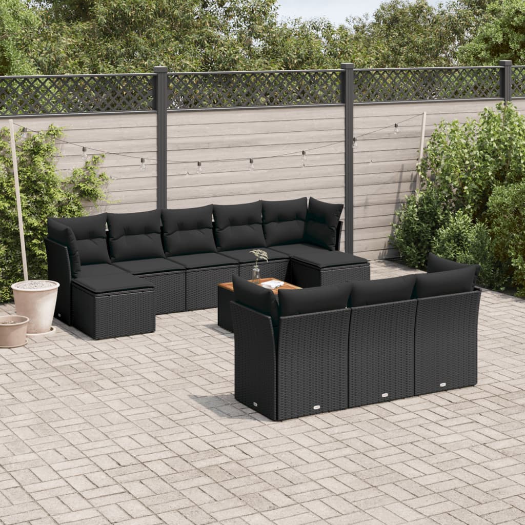 11-tlg. Garten-Sofagarnitur mit Kissen Schwarz Poly Rattan