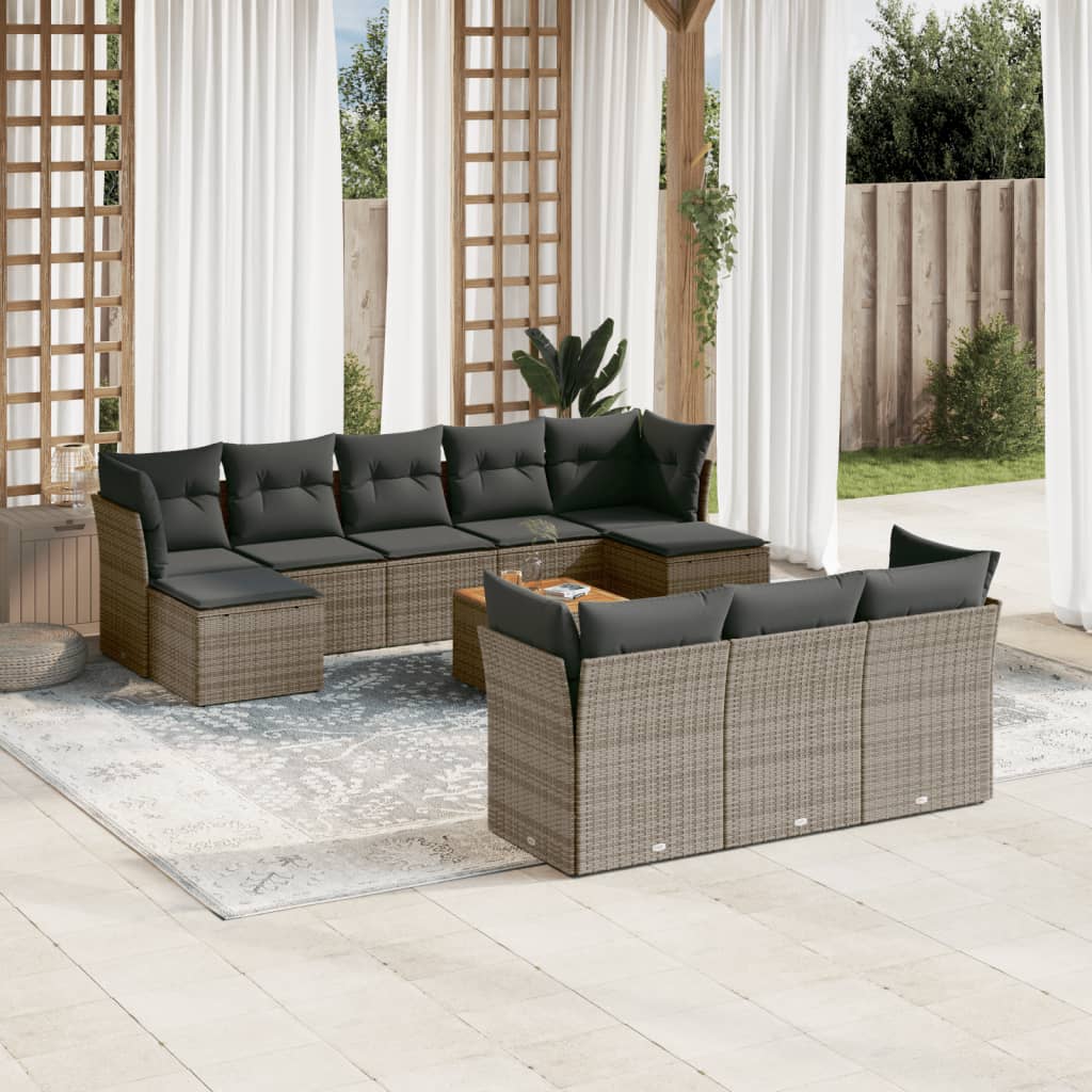 11-tlg. Garten-Sofagarnitur mit Kissen Grau Poly Rattan